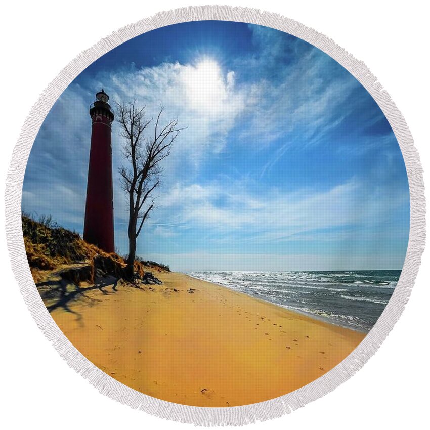 Northernmichigan Round Beach Towel featuring the photograph Silver Lake Lighthouse..... IMG_8835 HRes by Michael Thomas