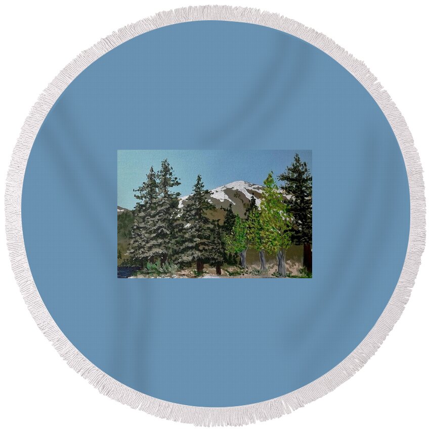 Silver Round Beach Towel featuring the painting Silver Lake Trees by Katherine Young-Beck