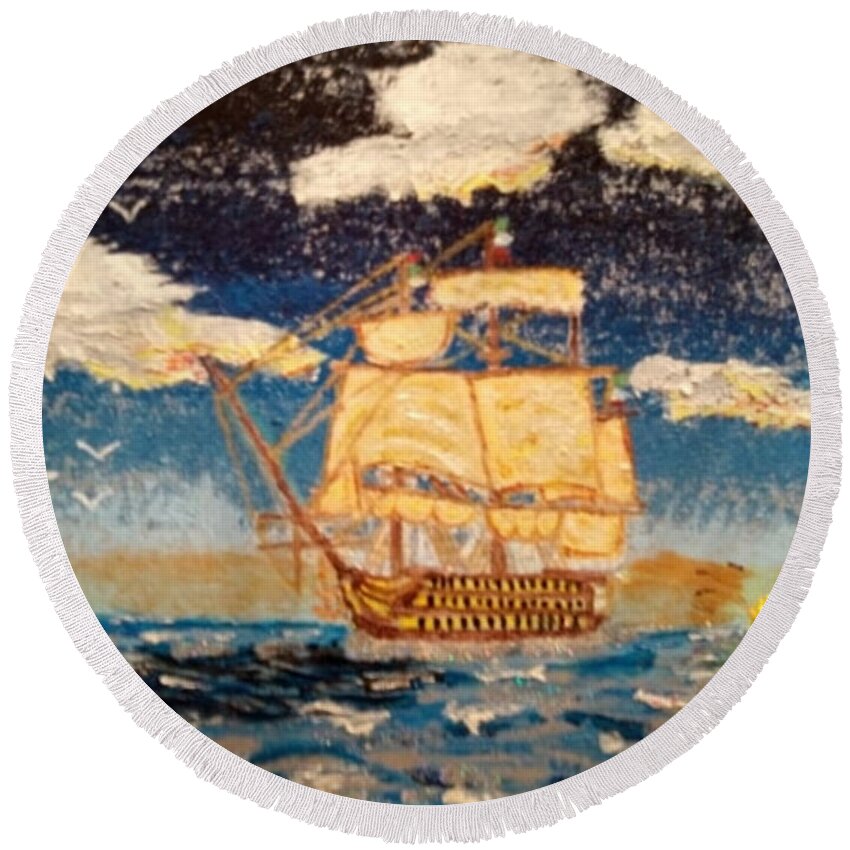 Ship Round Beach Towel featuring the painting Silver Seas by David Westwood