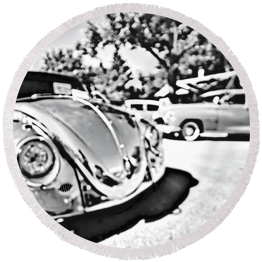 Volks Wagon Round Beach Towel featuring the photograph Silver Shine VW Beetle bw by Cathy Anderson