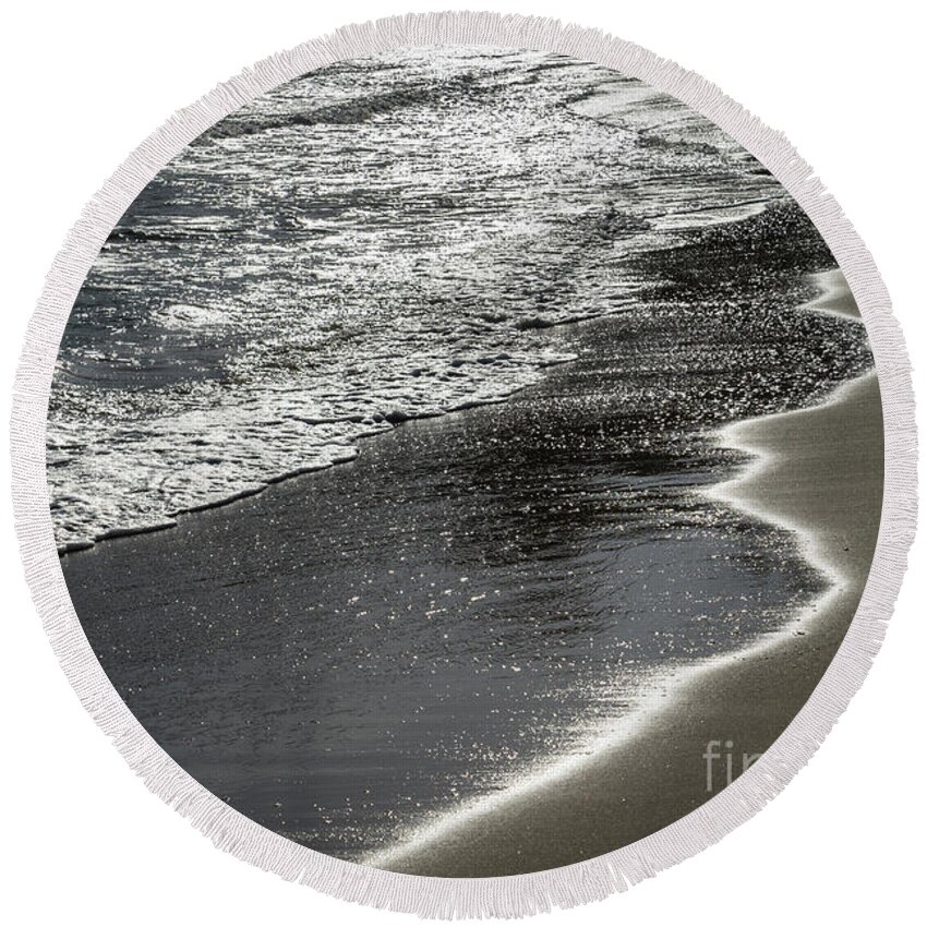Sandy Beach Round Beach Towel featuring the photograph Silver sea water meets sand 4, Mediterranean coast by Adriana Mueller