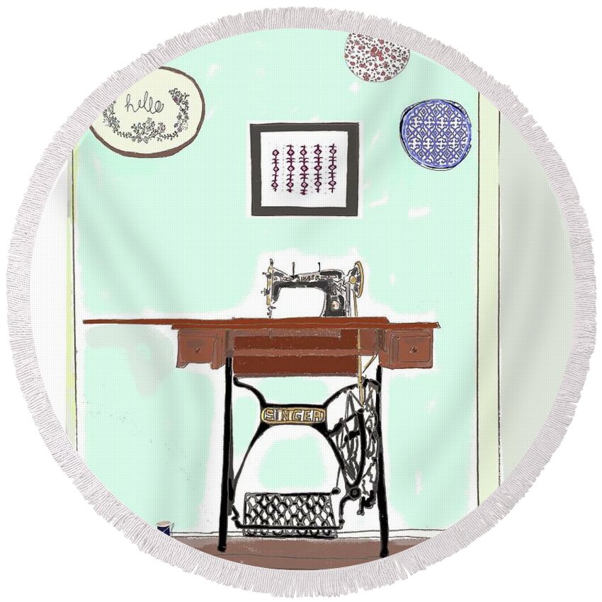 Line Drawing Round Beach Towel featuring the drawing Singer Sewing Machine Scene by Ashley Rice