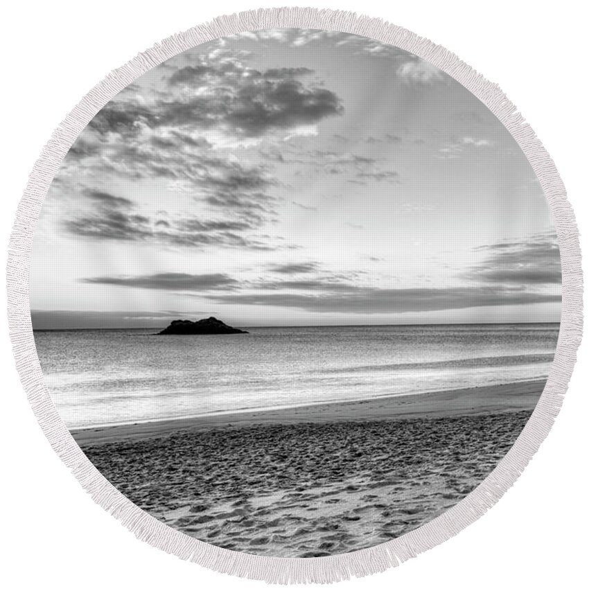 Singing Round Beach Towel featuring the photograph Singing Beach Manchester MA Sunrise Island Black and White by Toby McGuire