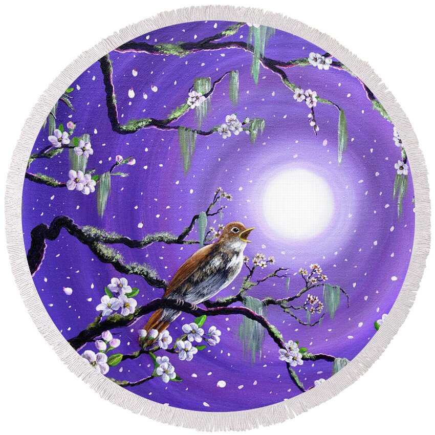 Zen Round Beach Towel featuring the painting Singing Her Melody to the Night by Laura Iverson