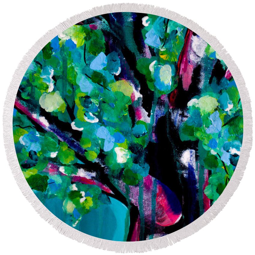 Tree Round Beach Towel featuring the painting Singing in the Rain by Beth Ann Scott
