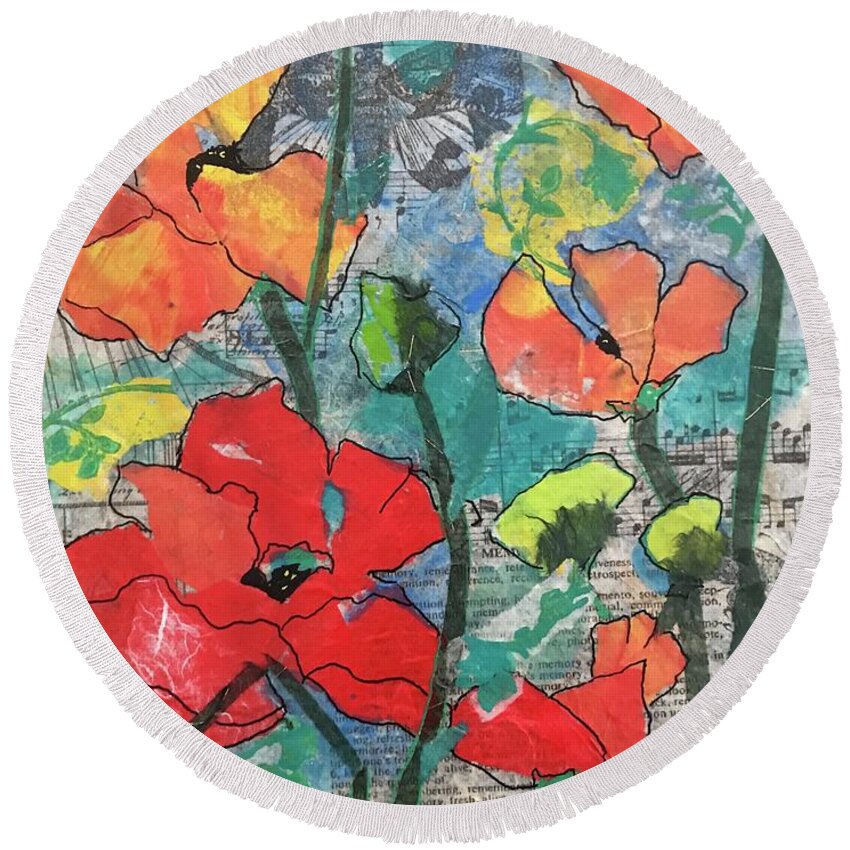 Poppies Round Beach Towel featuring the painting Singing poppies by Elaine Elliott
