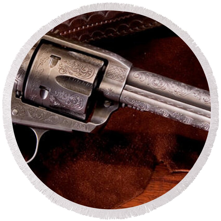 Single Round Beach Towel featuring the photograph Single Action Revolver by Action