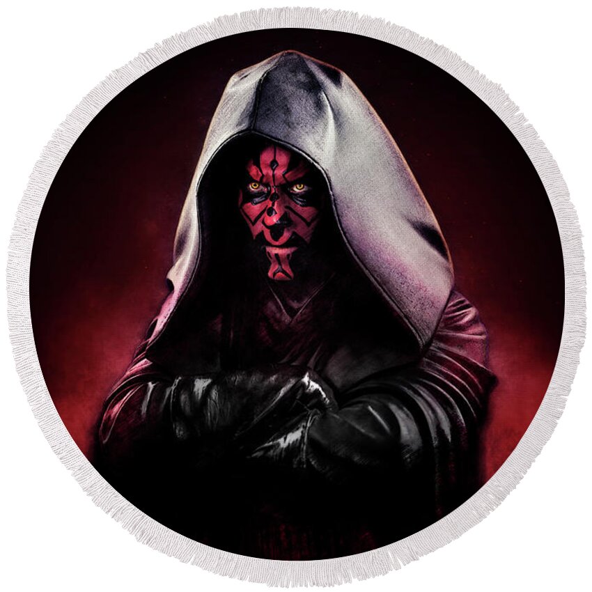 Sith Round Beach Towel featuring the mixed media Sith lord Darth Maul seen in Star Wars episode one The Phantom Menace by Olivier Parent