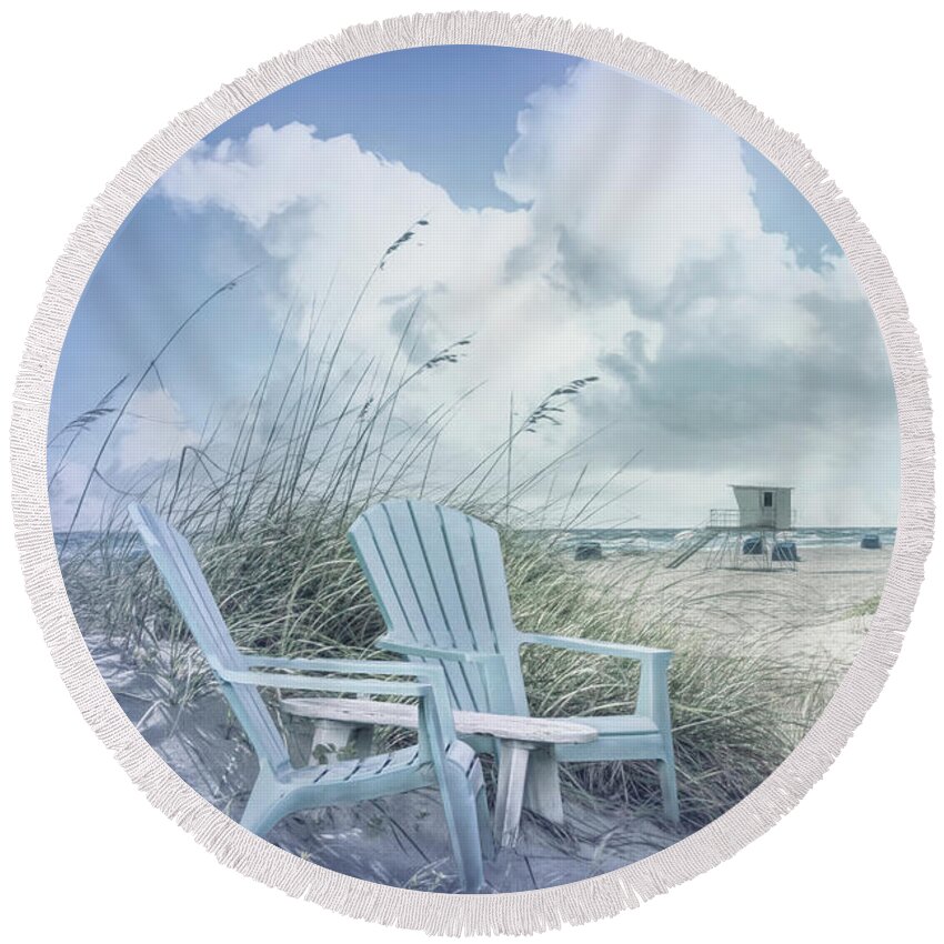 Clouds Round Beach Towel featuring the photograph Sitting on the Beach Dunes in a Hint of Colors by Debra and Dave Vanderlaan