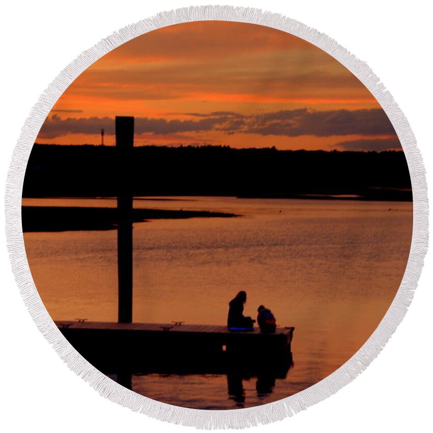 Sunset Round Beach Towel featuring the photograph Sitting on the Dock at sunset by Lennie Malvone
