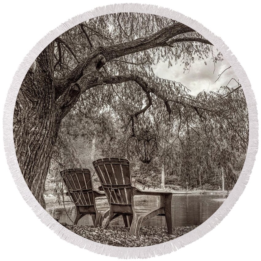 Barns Round Beach Towel featuring the photograph Sitting on the Edge of the Pond in Vintage Sepia tones by Debra and Dave Vanderlaan