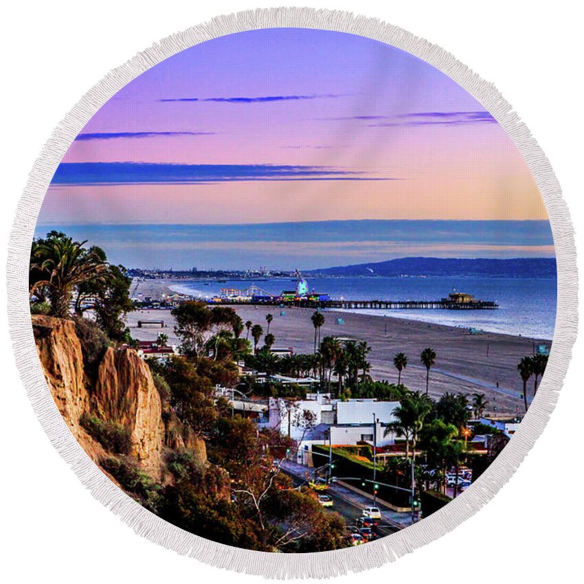 Sunset Santa Monica Pier Round Beach Towel featuring the photograph Sitting on the fence - Santa Monica Pier by Gene Parks