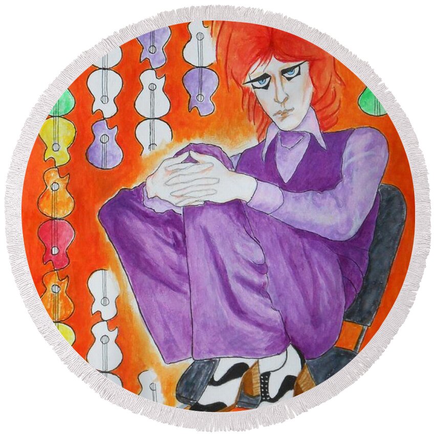 David Bowie Round Beach Towel featuring the painting Sixties Redhead No. 3 -- David Bowie by Jayne Somogy