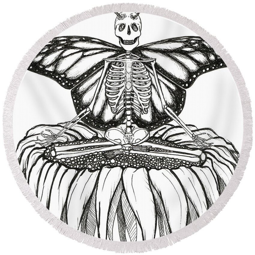 Skeleton Round Beach Towel featuring the drawing Skeleton Fairy on Flower by Kathy Pope