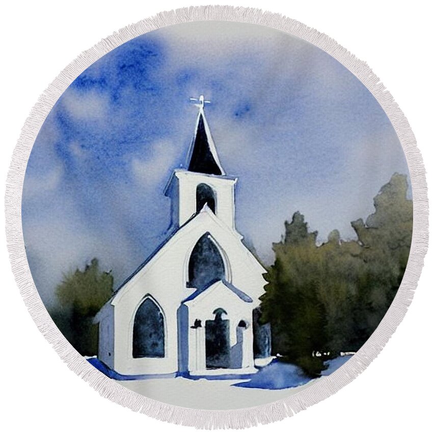 Chapel Round Beach Towel featuring the painting Sketch of a Small New England Church, New Hampshire by Christopher Lotito