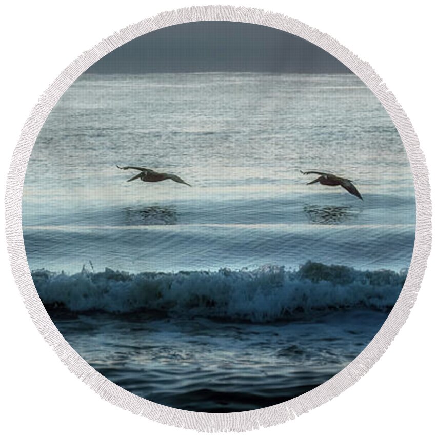 Seascape Round Beach Towel featuring the photograph Skimming Over Sunrise Surf by Steven Sparks