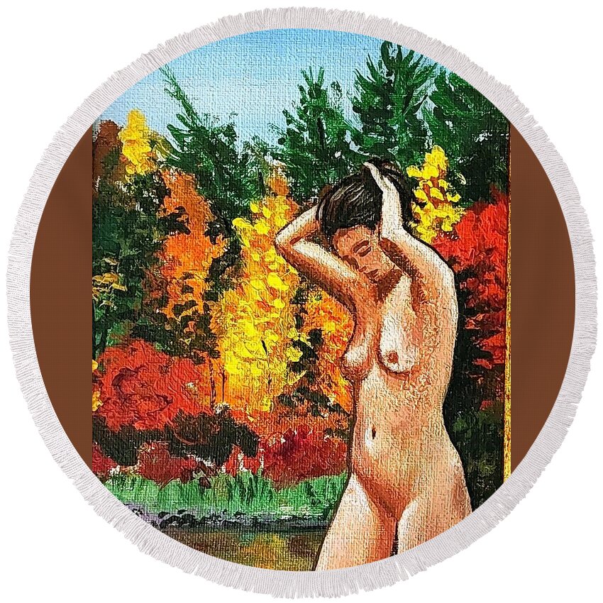  Round Beach Towel featuring the painting Skinny Dipping in Walden pond by James RODERICK