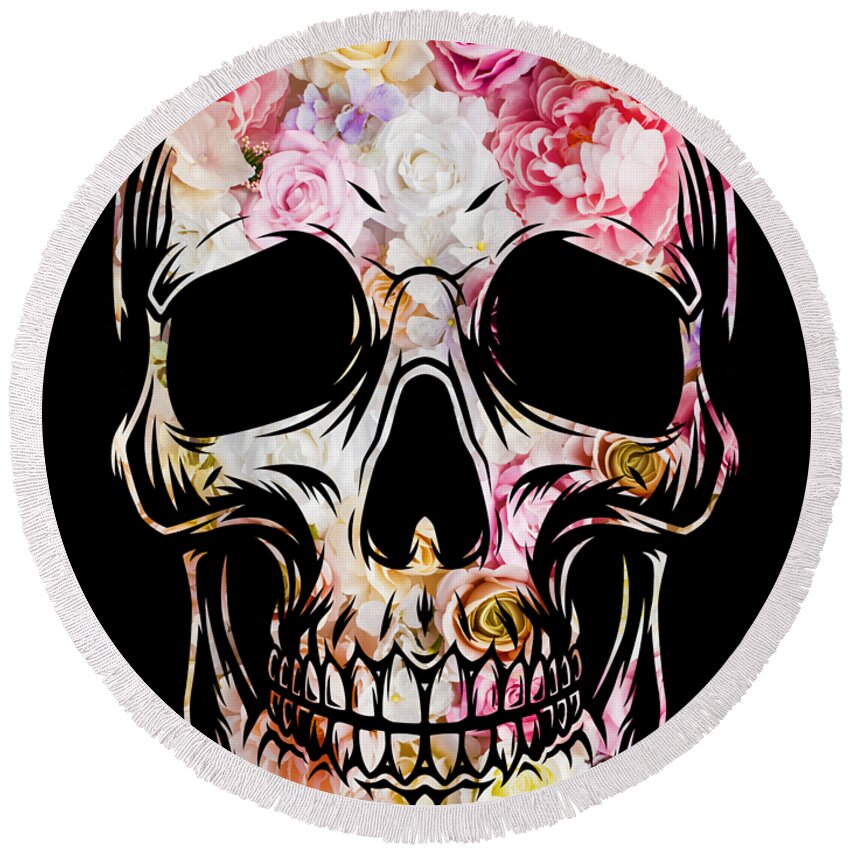 Skull Round Beach Towel featuring the painting Skull Flowers Floral T-Shirt by Tony Rubino