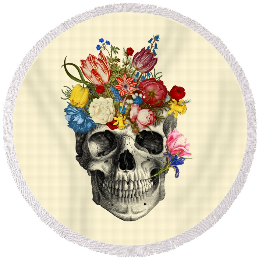 Skull Round Beach Towel featuring the digital art Skull with flowers by Madame Memento
