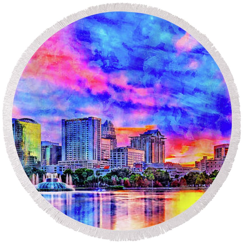 Downtown Orlando Round Beach Towel featuring the digital art Skyline of downtown Orlando, Florida, seen at sunset from lake Eola - ink and watercolor by Nicko Prints