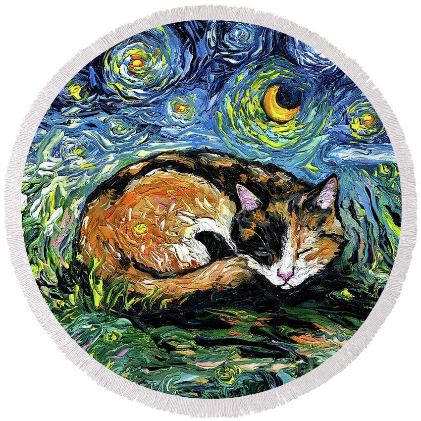 Calico Round Beach Towel featuring the painting Sleepy Calico Night by Aja Trier