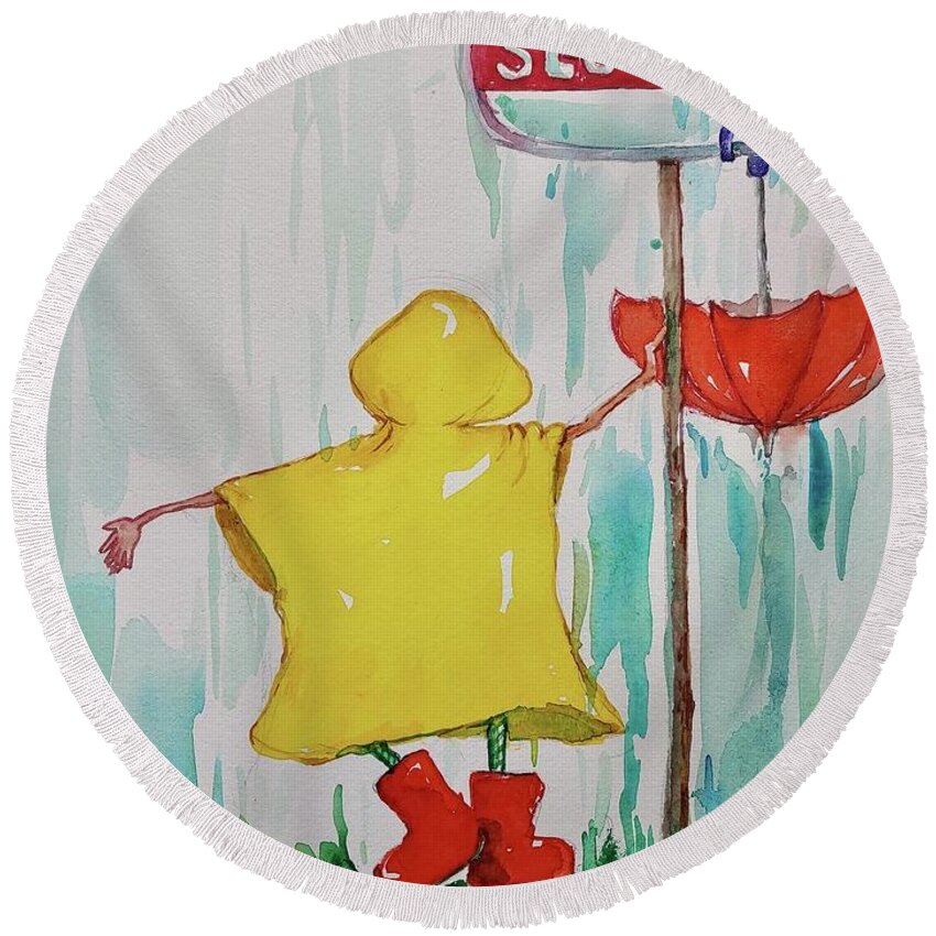 Rain Coat Round Beach Towel featuring the painting Slow Down by Mikyong Rodgers