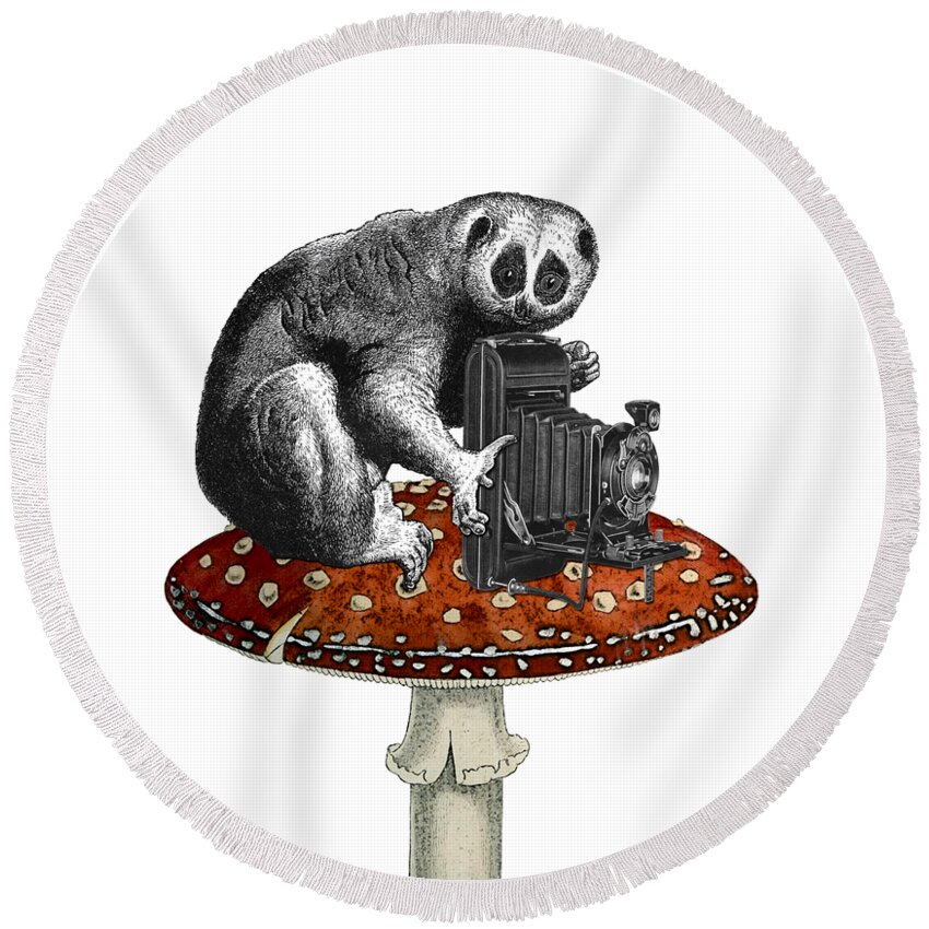 Slow Loris Round Beach Towel featuring the digital art Slow loris with antique camera by Madame Memento