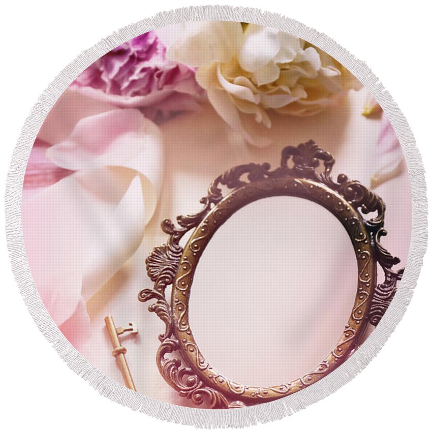 Antique Round Beach Towel featuring the photograph Small brass mirror with flowers and key by Sandra Cunningham