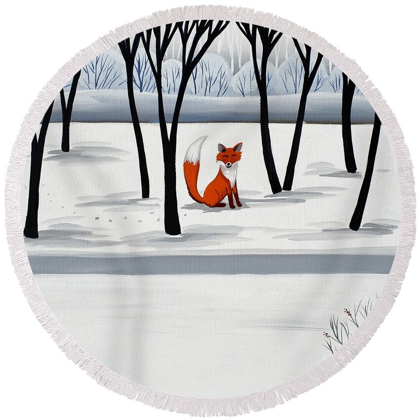 Fox Round Beach Towel featuring the painting Smiling Fox  woodland animal cute by Debbie Criswell