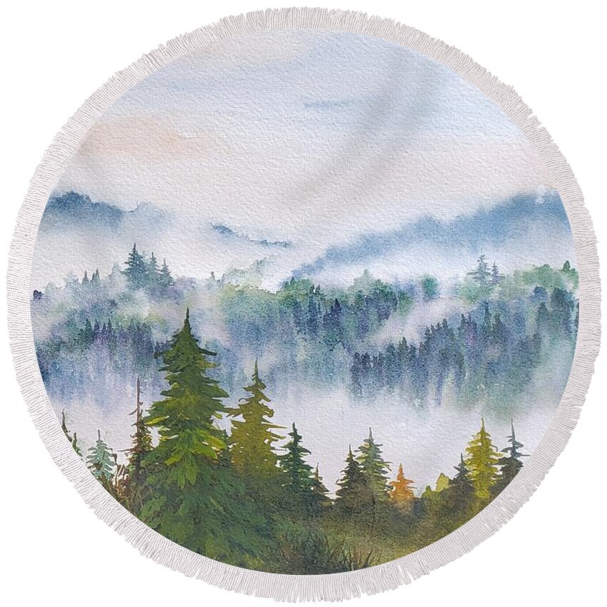 Trees Round Beach Towel featuring the painting Smoke in the Mountains 2 by Lisa Debaets