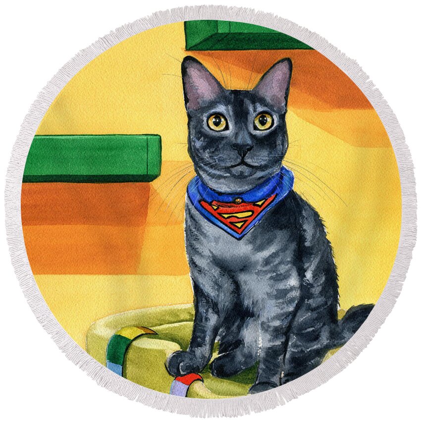 Cat Round Beach Towel featuring the painting Smokey by Dora Hathazi Mendes