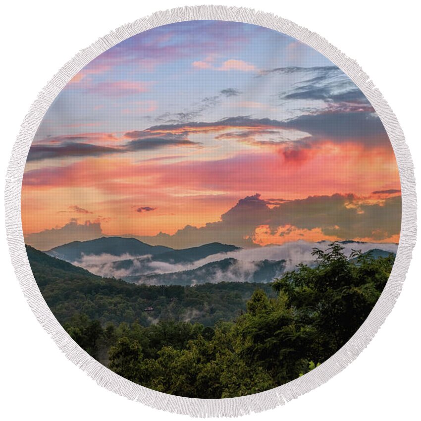 Smoky Mountains Round Beach Towel featuring the photograph Smoky Mountain Sunset by Martina Abreu