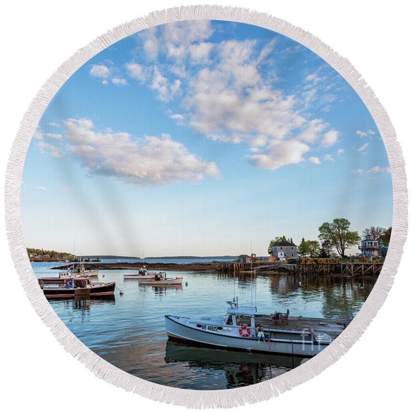 Harbor Round Beach Towel featuring the photograph Harbor in Maine by Lorraine Cosgrove