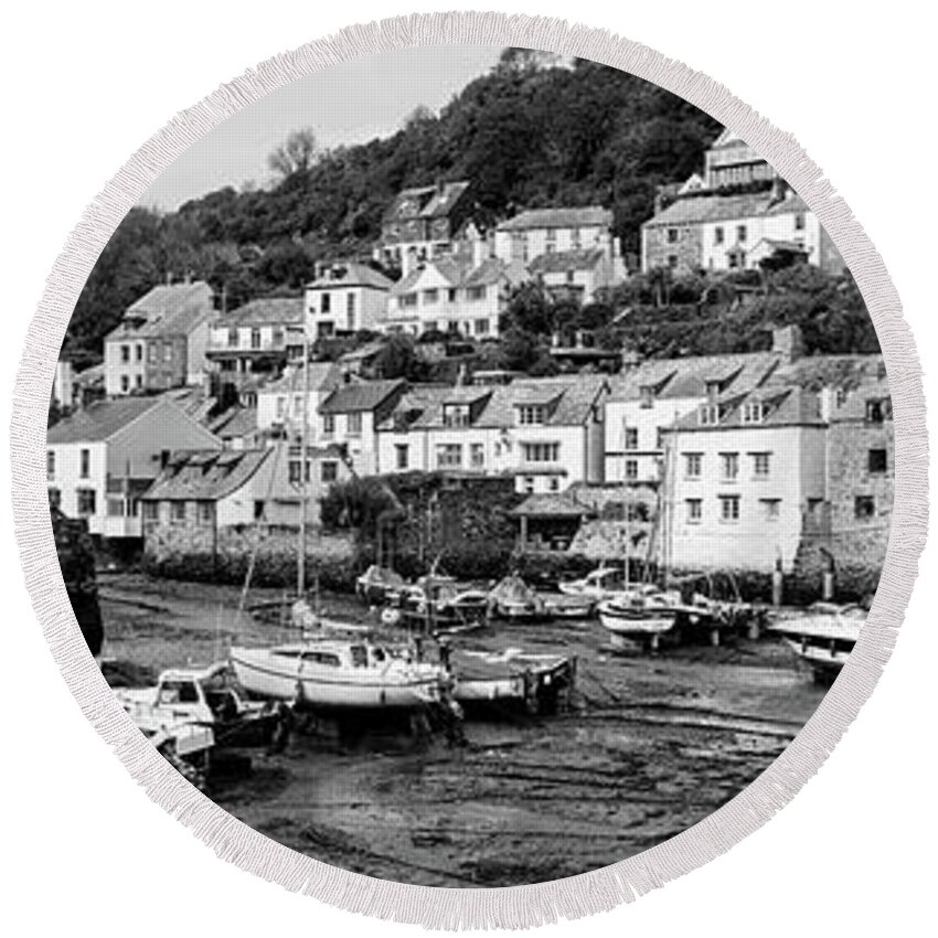 Coast Round Beach Towel featuring the photograph Smugglers Cove Polperro Fishing Harbour Black and White 3 by Sonny Ryse