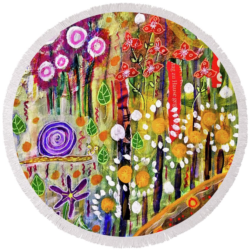 Naive Art Round Beach Towel featuring the mixed media Snail in the Grass by Mimulux Patricia No
