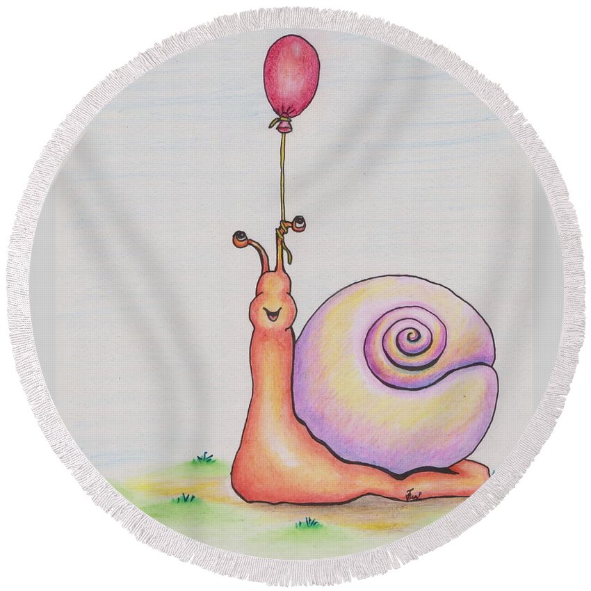 Snail Round Beach Towel featuring the drawing Snail With Red Balloon by Vicki Noble