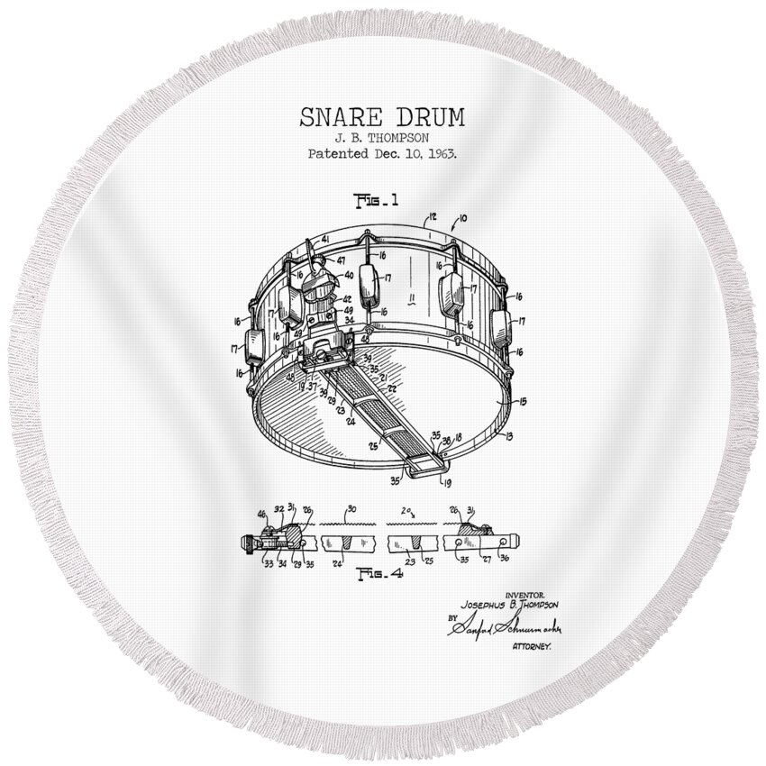 Snare Drum Round Beach Towel featuring the digital art SNARE DRUM patent by Dennson Creative