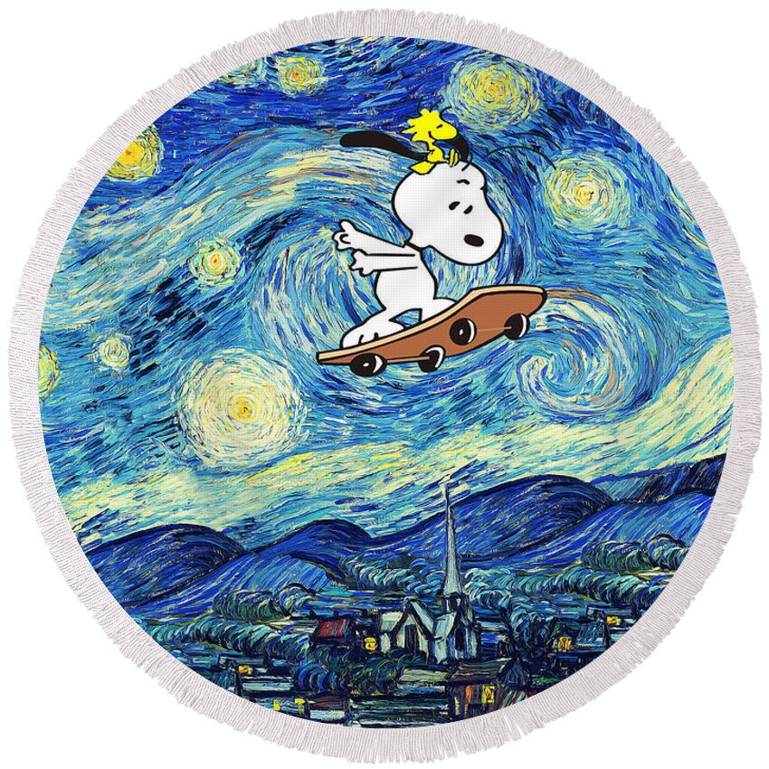 Snoopy -starry Night - Starry Night Van Gogh Round Beach Towel featuring the digital art Snoopy -Starry Night by Linyan Chen