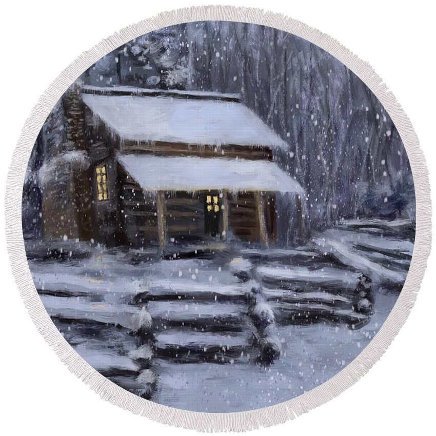 Cabin Round Beach Towel featuring the painting Snow Cabin by Larry Whitler
