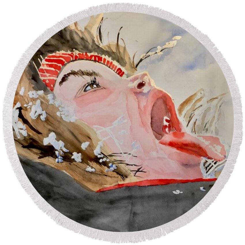 Watercolor Round Beach Towel featuring the painting Snow Catcher by Bryan Brouwer