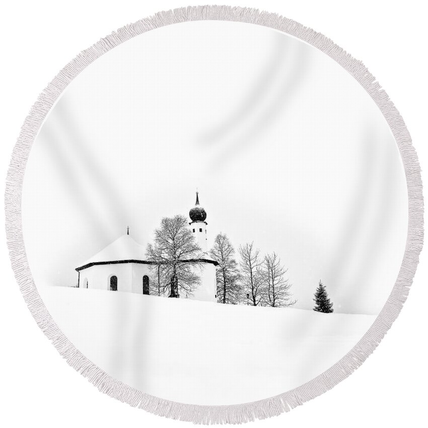 Cozy Snow Winter Austria White Trees Church Stylish Contemporary Conceptual Christmas Atmospheric Peaceful Beautiful Delightful Delicate Gentle Soft Snowdrifts Painterly Graphical Black Mono B&w Minimal Minimalist Minimalism Simplistic Simple Attractive Restful Relaxing Drawing Graphics Covered Xmas Season Greetings Enjoyable Cold Freezing Warm Calm Card Tranquility Relaxation Serene Singular Scenery View Magical Fairy Tale Elements Poetic Artistic Tranquility Snowing Snowfall Spiritual Inspire Round Beach Towel featuring the photograph Snow, Cosy Snow, White Christmas by Tatiana Bogracheva