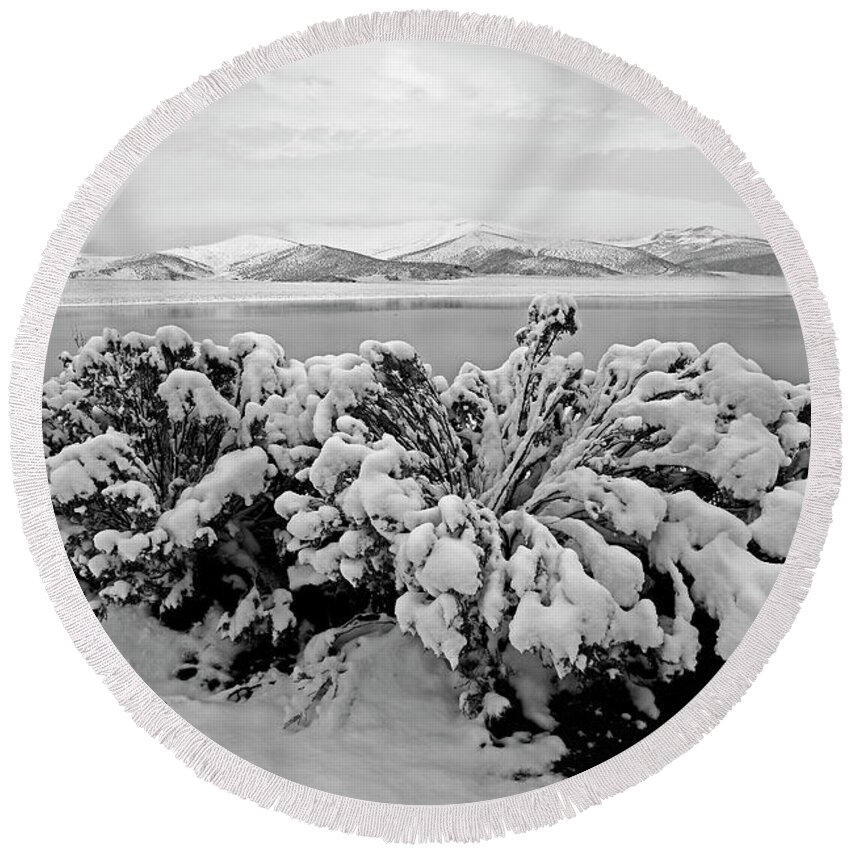 Snowy Landscape Round Beach Towel featuring the photograph Snow covered bushes Sajama National Park Bolivia by James Brunker
