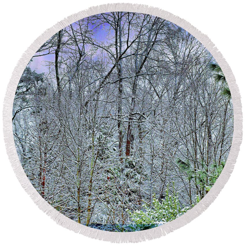 Forest Round Beach Towel featuring the photograph Snow Covered Forest by Roberta Byram