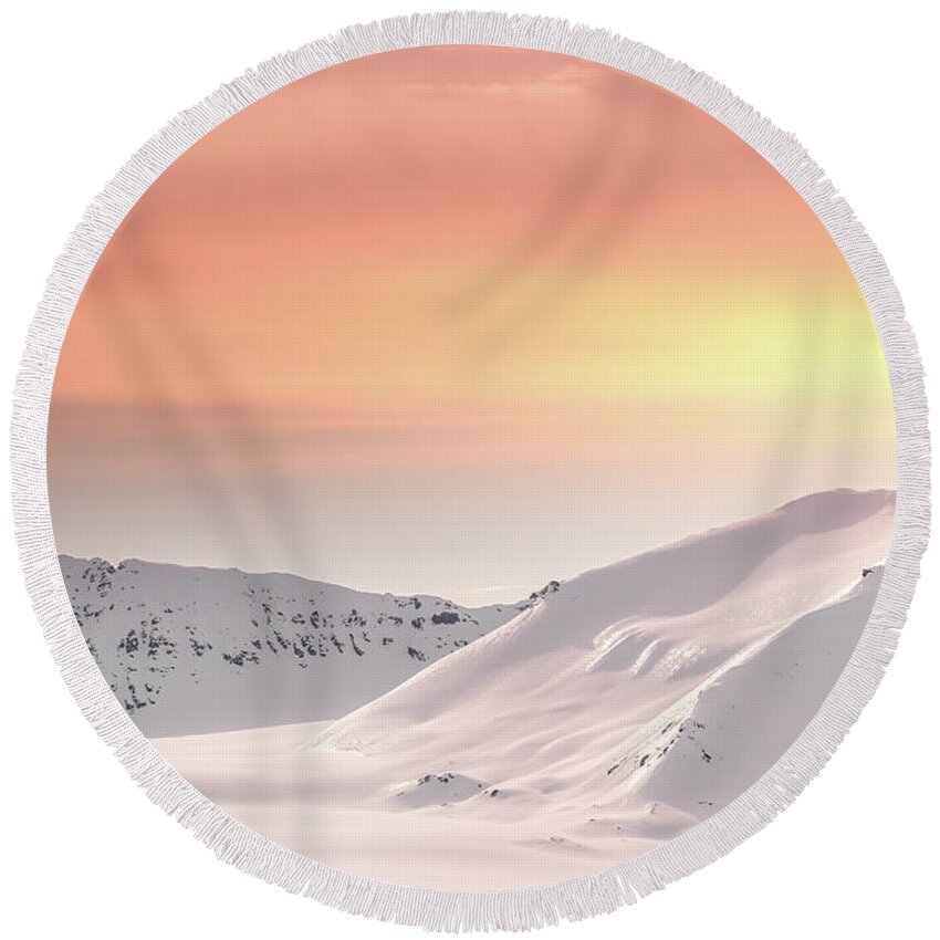 Dusk Round Beach Towel featuring the photograph Snow-covered mountains of Svalbard at dusk by Jane Rix