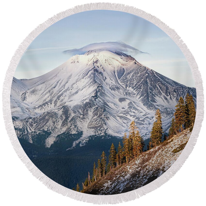 California Round Beach Towel featuring the photograph Snow Covered Mt. Shasta Glowing by Gary Geddes