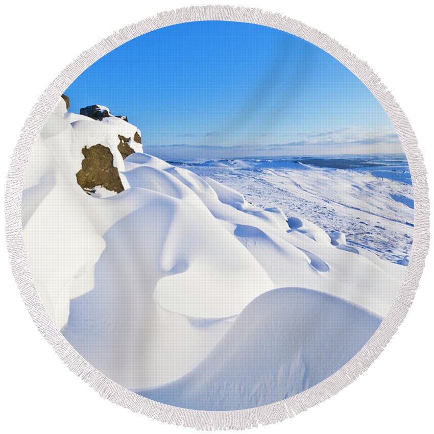 Snow Landscape Round Beach Towel featuring the photograph Snow Drifts on Stanage Edge, Peak District, England by Neale And Judith Clark