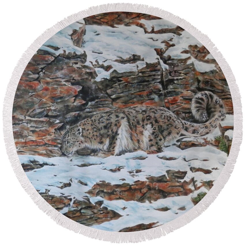 Leopard Round Beach Towel featuring the painting Snow Leopard by John Neeve