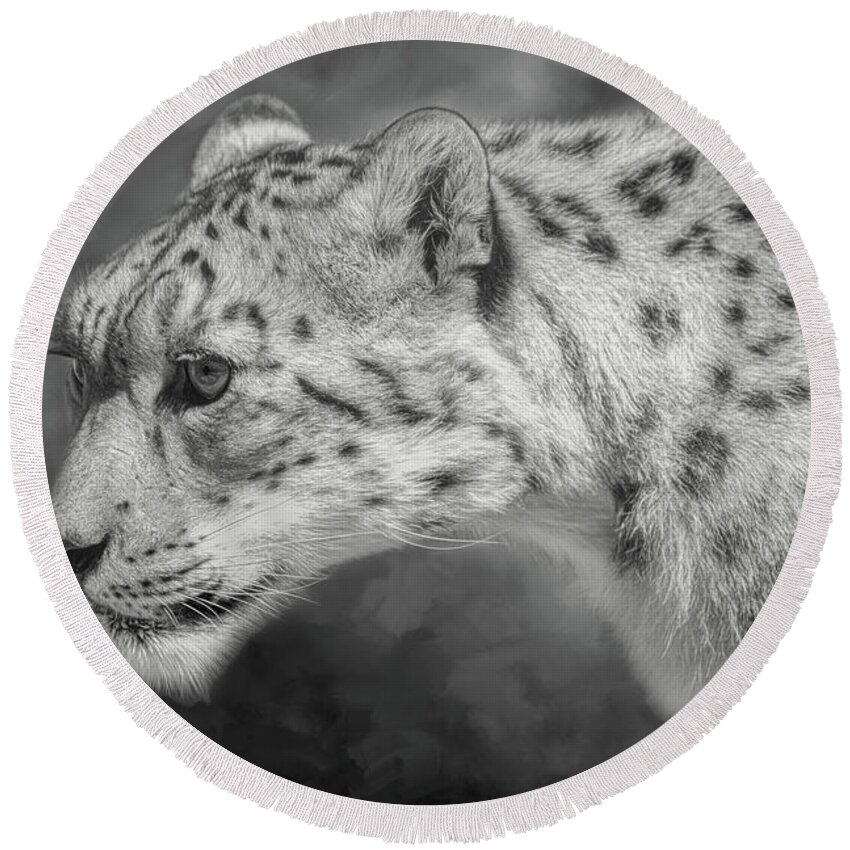 Snow Leopard Round Beach Towel featuring the digital art Snow Leopard by Nicole Wilde