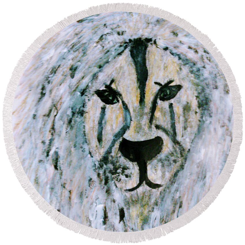 Lion Round Beach Towel featuring the mixed media Snow Lion by Anna Adams
