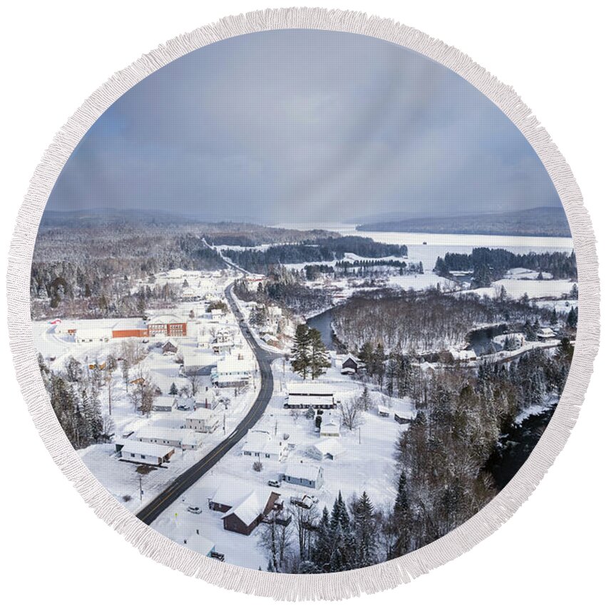 Village Round Beach Towel featuring the photograph Snow Shower North of Pittsburg Village, New Hampshire #2 by John Rowe